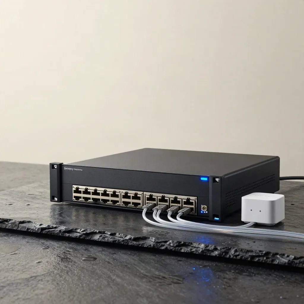 Firewall appliance with CAT6, fibre leads, Wi‑Fi access point and keystone modules on wet slate.