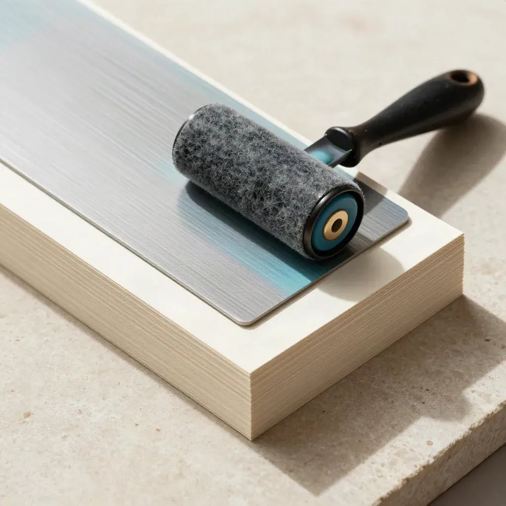 Print plates, ink roller, and paper stock on pale stone in a premium top-down still life.