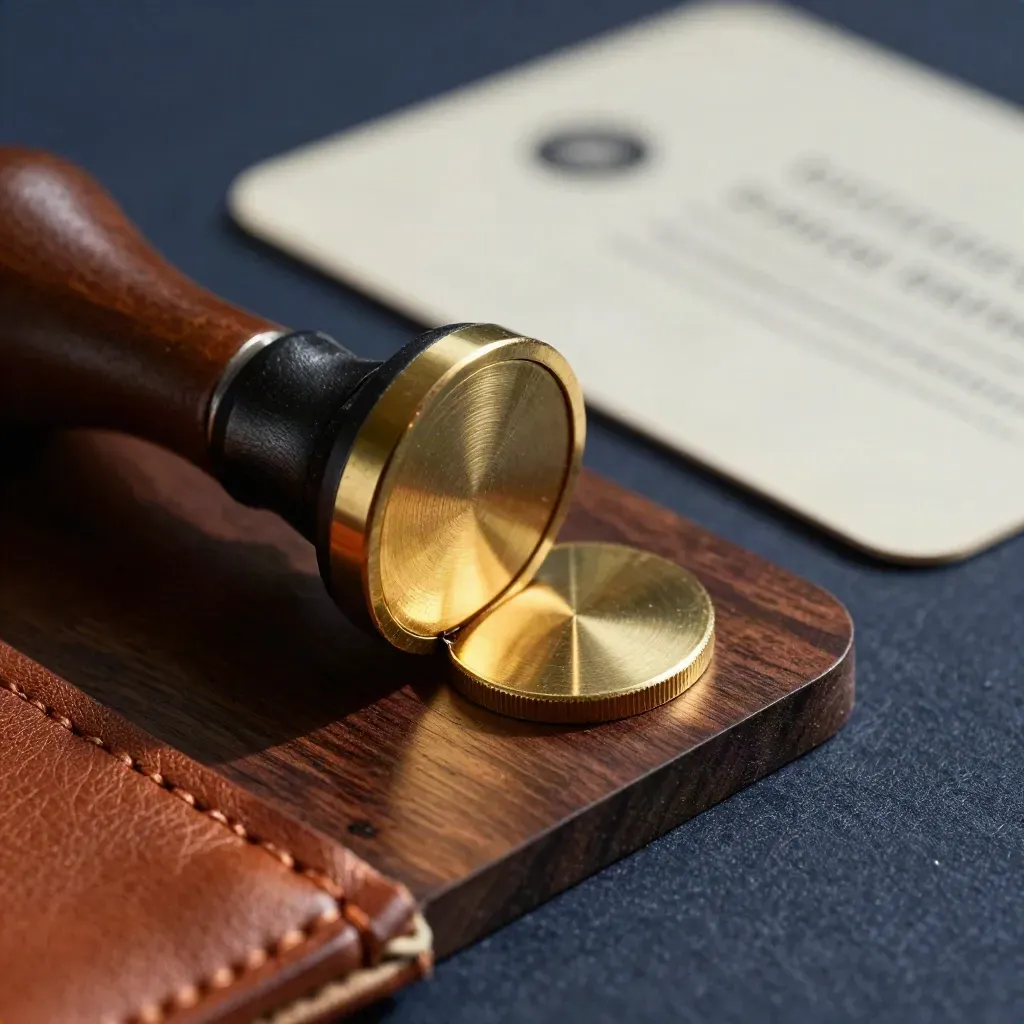 Brass seal, black paperweight, and leather file corner on dark walnut, tense legal still life.