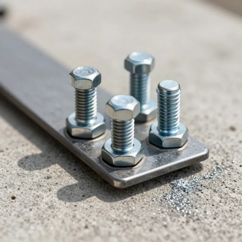 Top-down macro of rail fasteners on pale concrete, brushed steel and graphite tones.