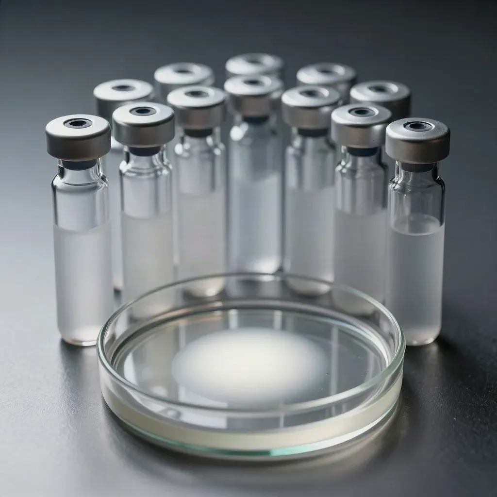 Frosted lab vials, petri dish, and sample tubes on brushed metal in cool dramatic light.