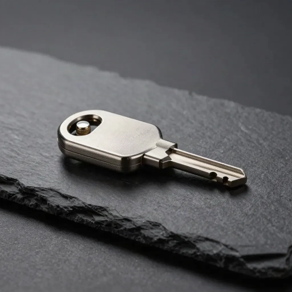 Hardware security key, metal token case and tiny lock cylinder on charcoal slate under hard studio light