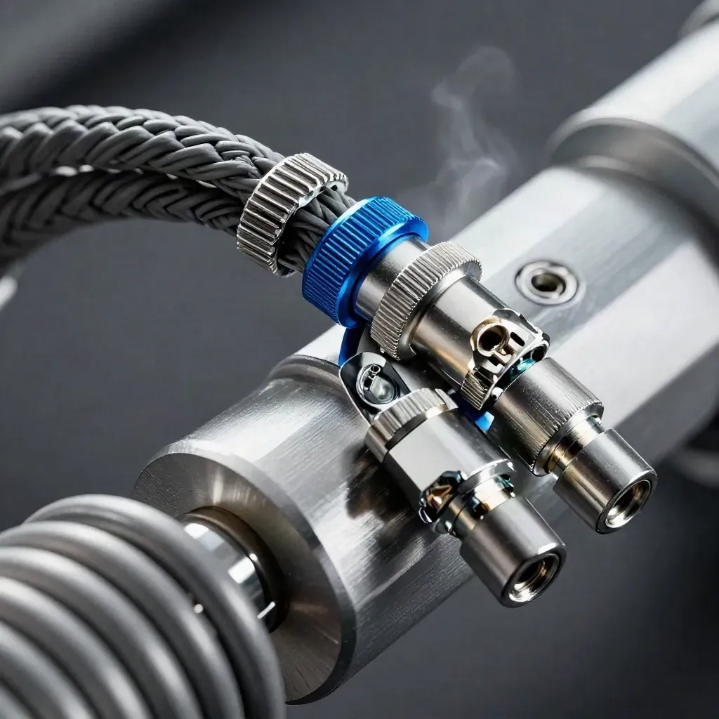 Macro cable harness with modular connectors and ferrules on brushed aluminium with a blue accent.