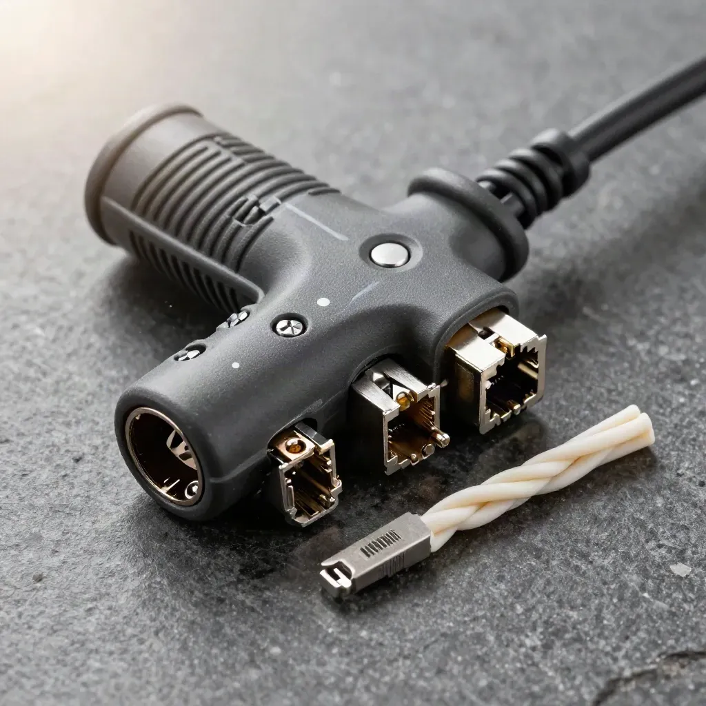 Top-down macro of a cable tester head beside two RJ45 couplers and spare ferrules on graphite stone.