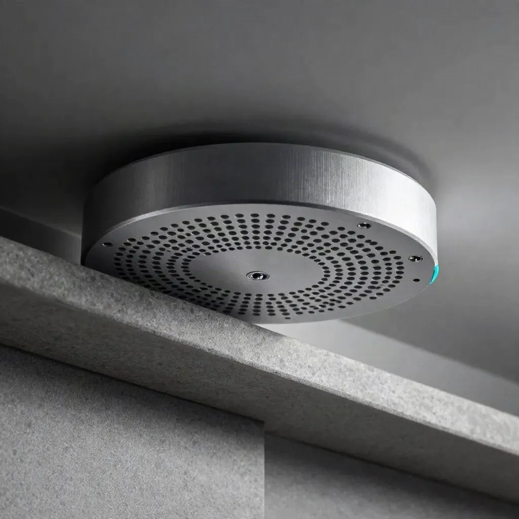 Ceiling Wi‑Fi access point underside, mounting plate and fixings on brushed stone.