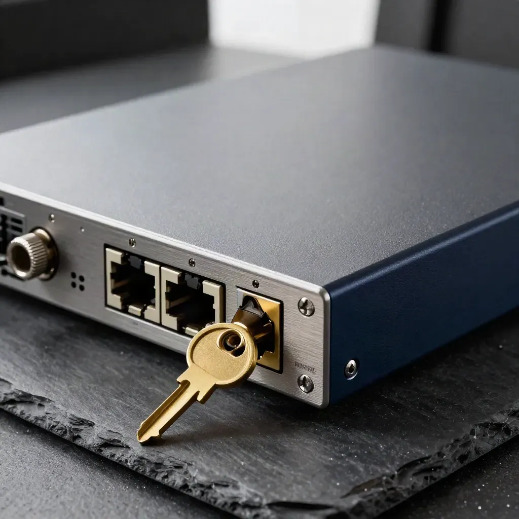 Firewall appliance with brass key and ethernet plugs on dark slate, top-down macro with soft daylight.