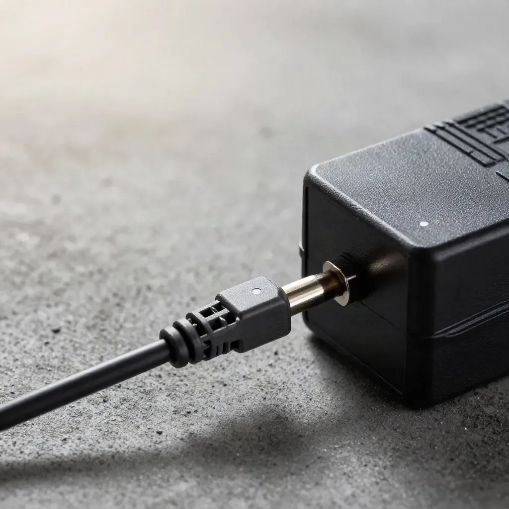 Environmental sensor module, probe cable and power brick on graphite concrete, macro close-up.