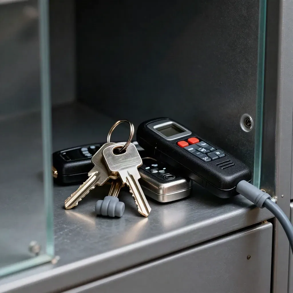 Access fobs, cabinet keys, patch lead and tester behind frosted glass in a moody network cupboard close-up.