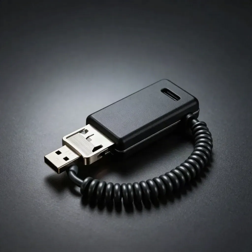 Hardware security key, smartcard reader and coiled USB lead on brushed metal under dramatic studio light