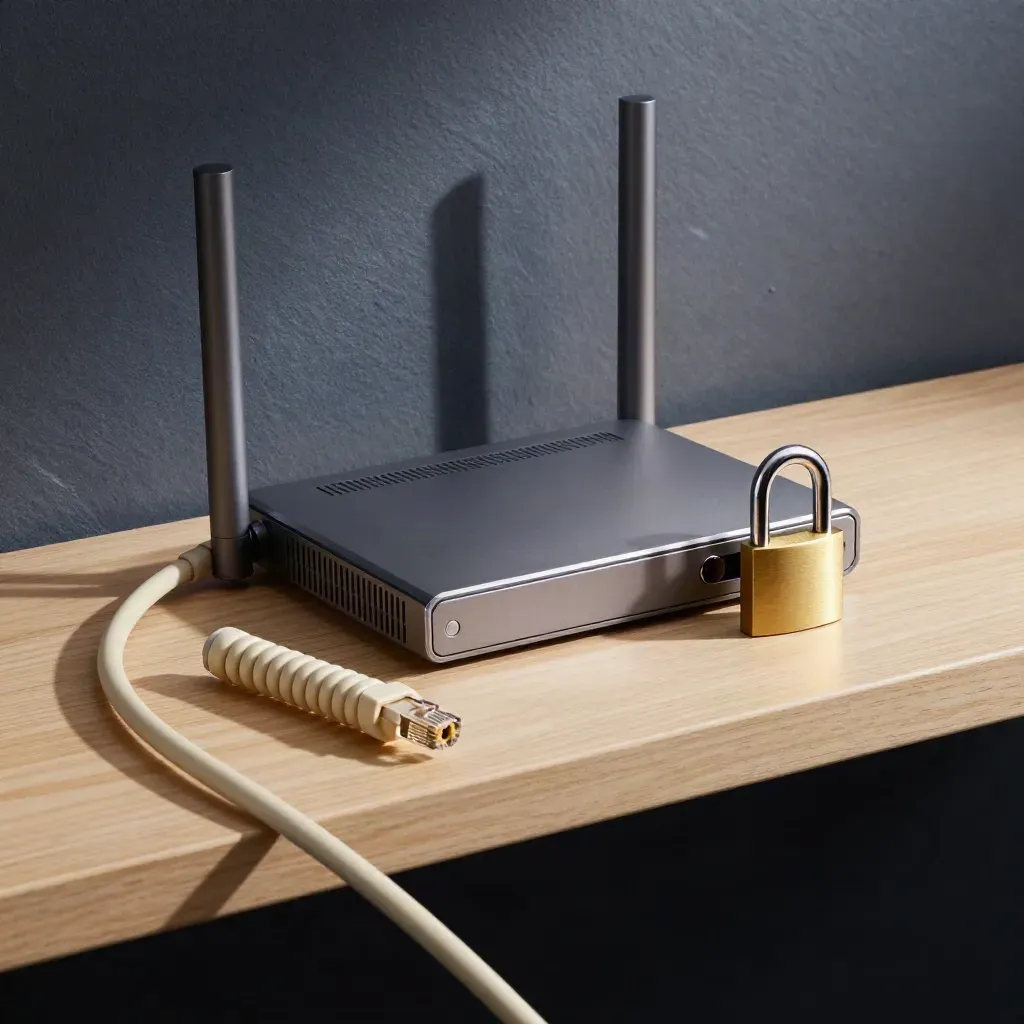 Router, open padlock and coiled ethernet lead on a pale wood shelf, lit dramatically.