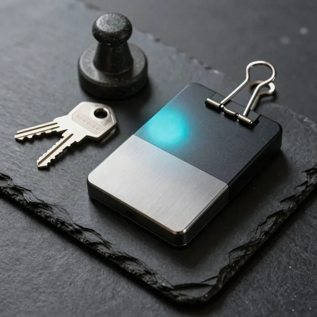 Top-down security hardware still life with smartcard reader and hardware keys on black slate.
