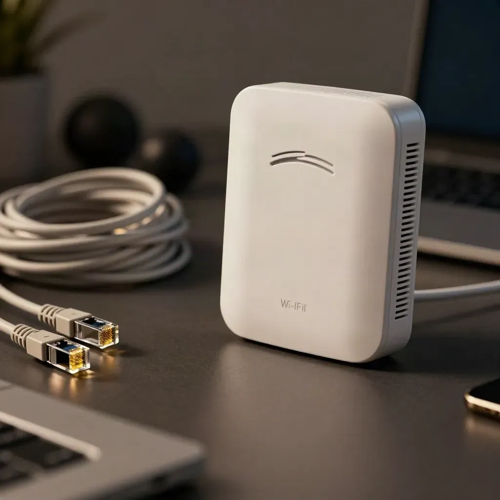 Wi‑Fi access point, patch leads and cable clip on a dark office surface