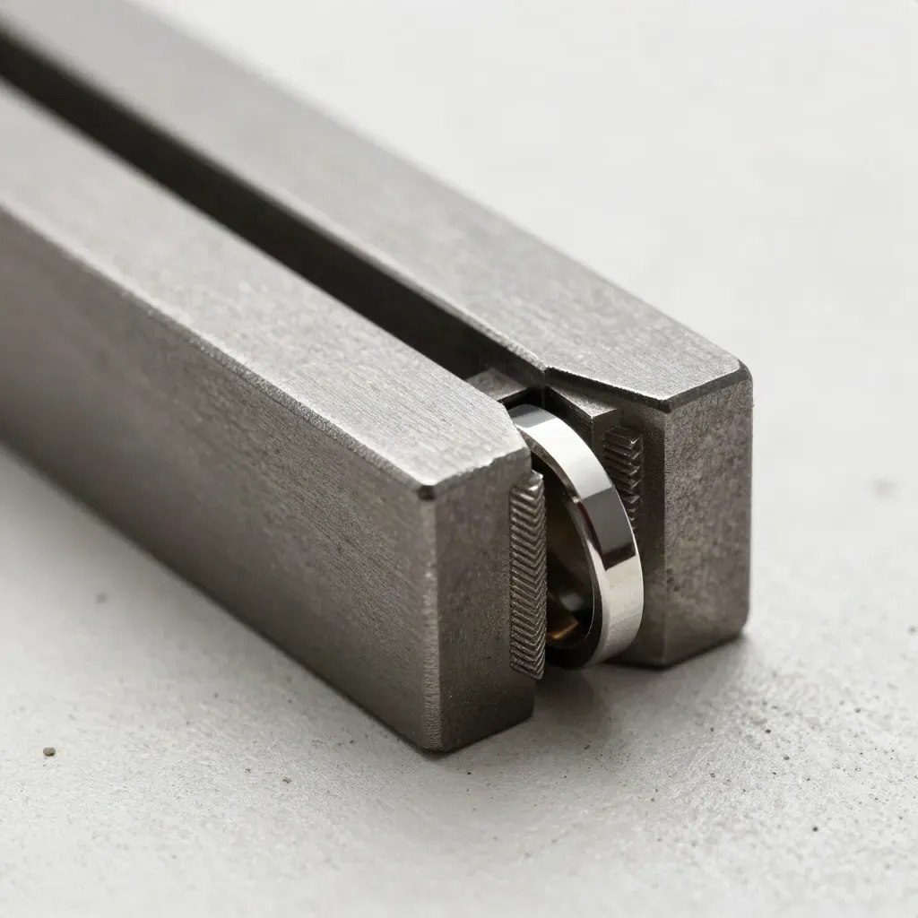 Macro of locking metal blocks with a coupler and spacer ring on pale concrete.