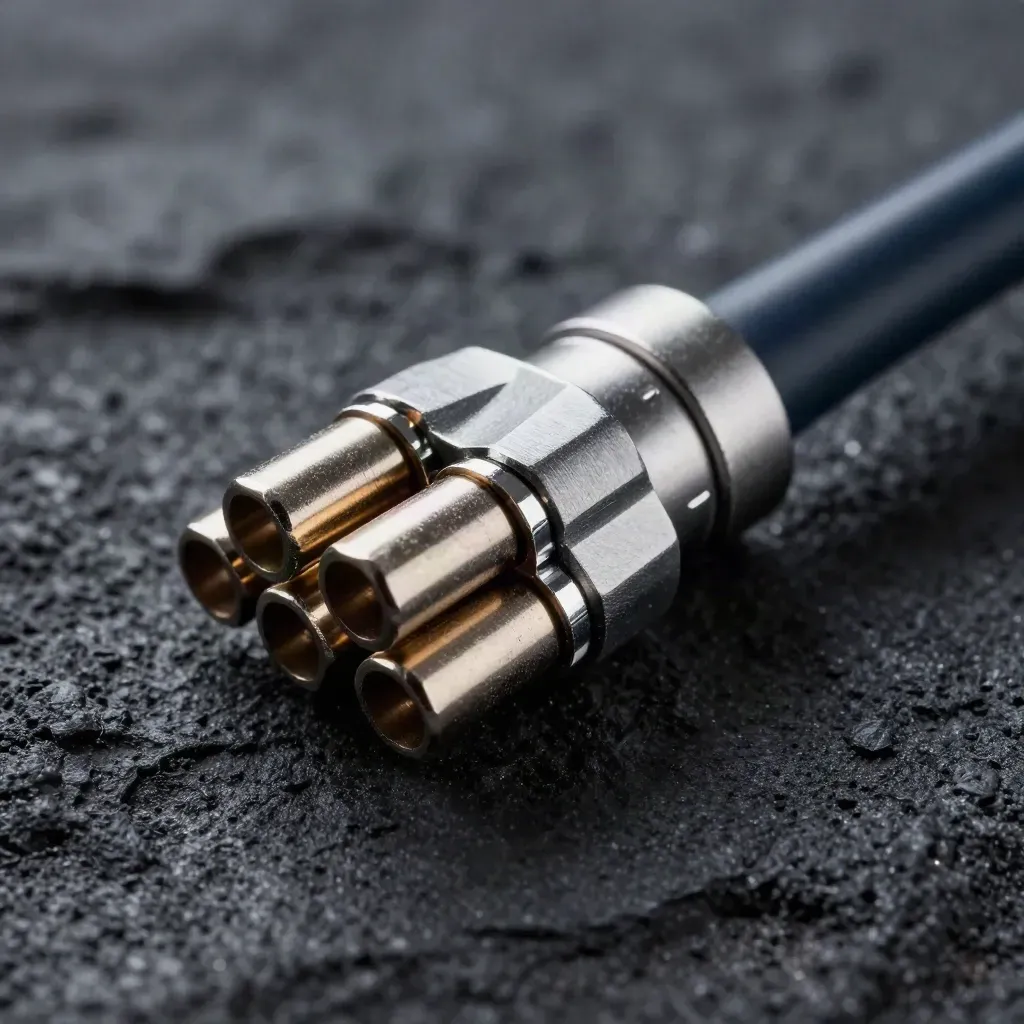 Fibre ferrules and a connector plate with a short cable loom on dark basalt