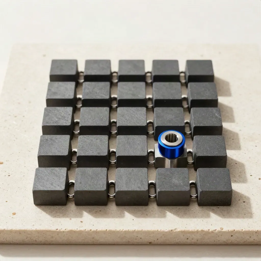 Top-down modular network hardware blocks and loops on cream stone with a blue accent.